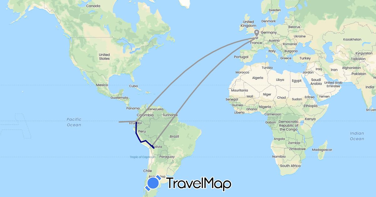 TravelMap itinerary: driving, plane in Bolivia, Ecuador, France, Peru (Europe, South America)